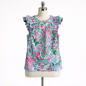 Crown & Ivy Women's Small Colorful Paisley 100% Cotton Preppy Top Ruffles & Bow